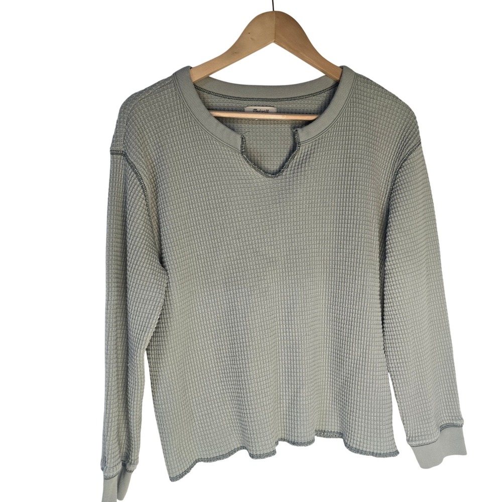Madewell MWL Waffle Notch Neck Top Women L Sage Green Cotton Blend NC632 Thermal
